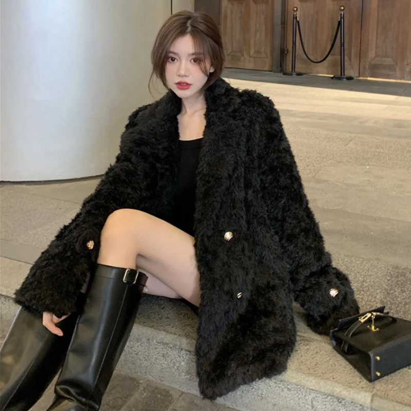 Mid Length Faux Fur Coat for Women, Thick and Warm Outwear, Loose Lapel, Long Sleeve, Casual Fashion, Korean Style, Winter, 2024