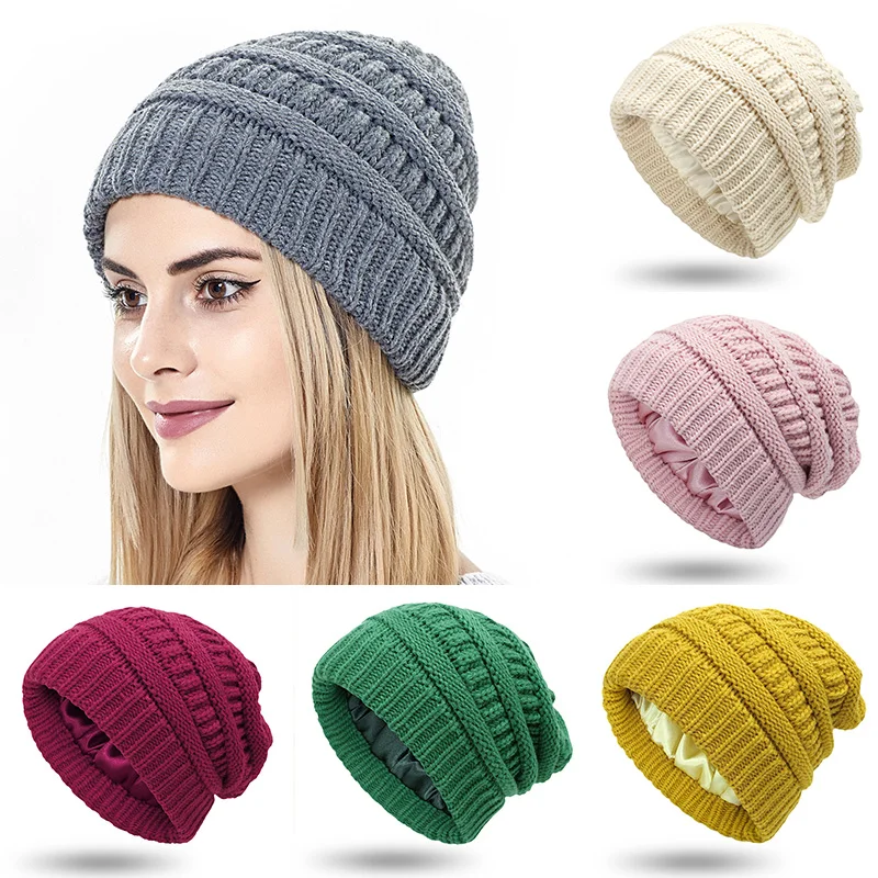 Winter Warm Knitted Hat Satin Lined Hairstyle Protection Beanie Hats Soild Color Outdoor Windproof Women Snow Skiing Caps 2