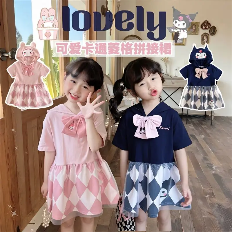 

Sanrio Kuromi Mymelody Girl's Dress Summer Style Cartoon Hooded Skirt Short Sleeve argyle Mesh Gauze Princess Dress