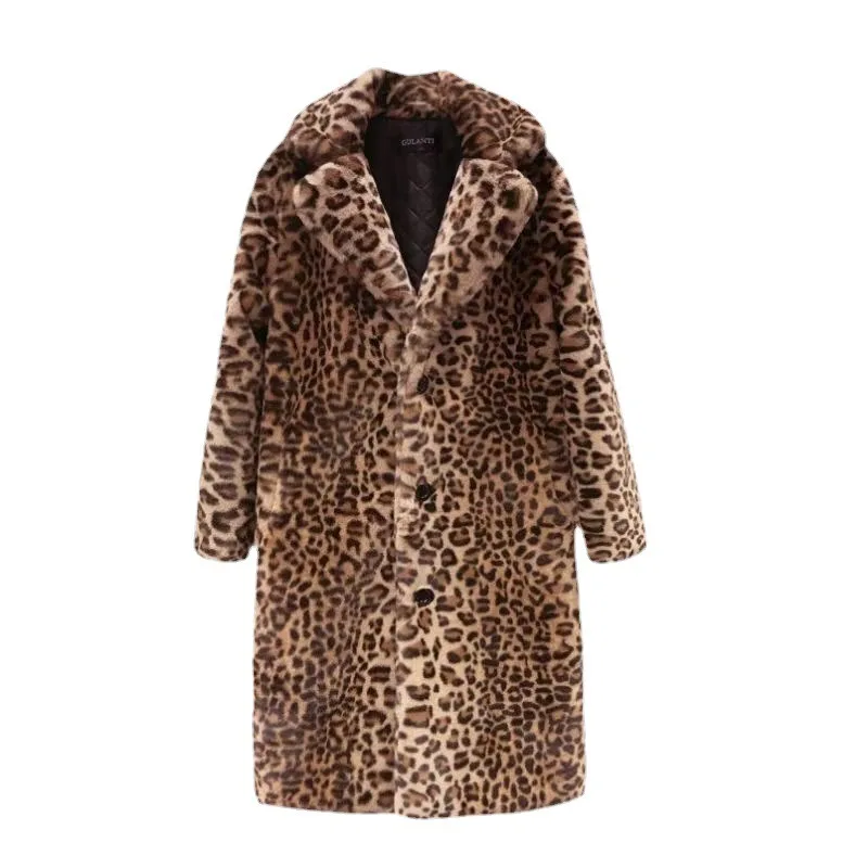 2023 Leopard Print Coat for Women Winter New Slimming Fur Imitation Fur Leopard Print Long Warm Thick Plush Overcoat