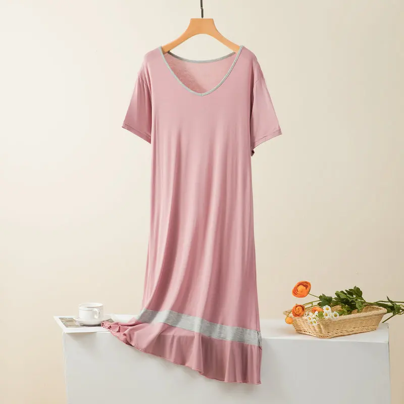 Loose Big Size Modal Sleepwear Women Dress V Neck Short Sleeve Ladies Nightie Patchwork Color Oversize Nightgowns