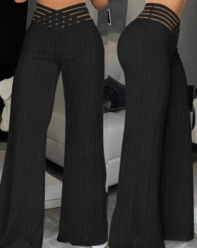 Women's Pants 2024 Spring Latest Chic Elegant Crisis Cross Sheer Mesh Overlap Waist Textured Flared Pants High Waist Trousers chic summer women mesh elegant wide leg jump suit loose bodysuits overalls full body jumpsuit trousers evening jumpsuits clothes