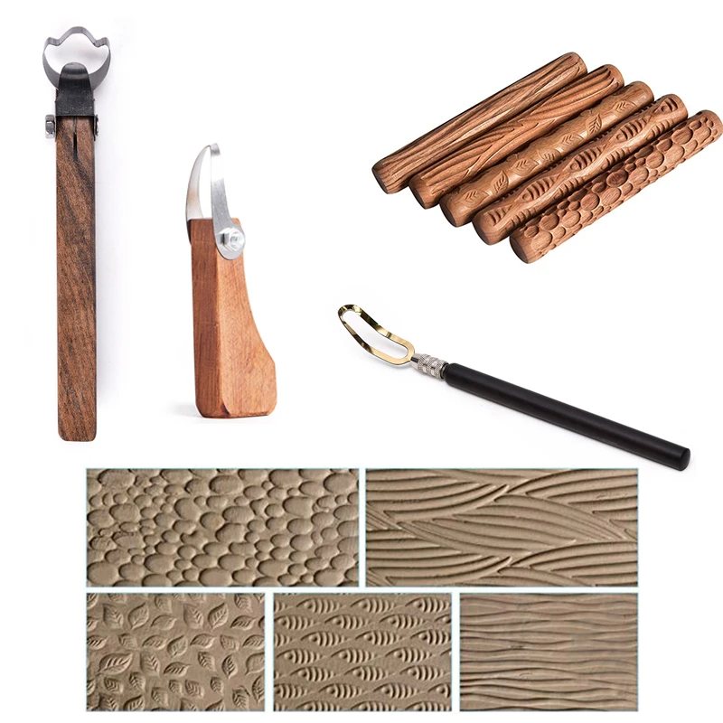 5pcs Pottery Tools Wood Hand Rollers for Clay Clay Stamp Clay Pattern Roller, Size: One size, Brown