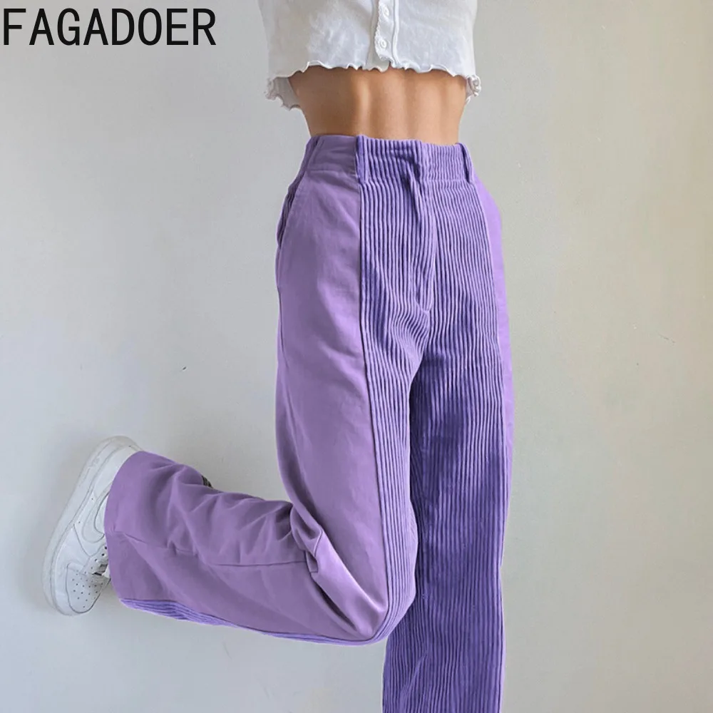 FAGADOER Autumn Casual Corduroy Splicing Straight Pants Women Elastic High Waisted Loose Trousers Fashion Female Solid Bottoms