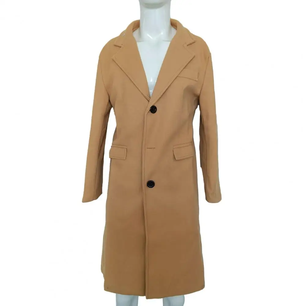 Three-button Coat Stylish Men's British Style Long Coat Warm Solid Color Windbreaker with Turn-down Collar Single-breasted