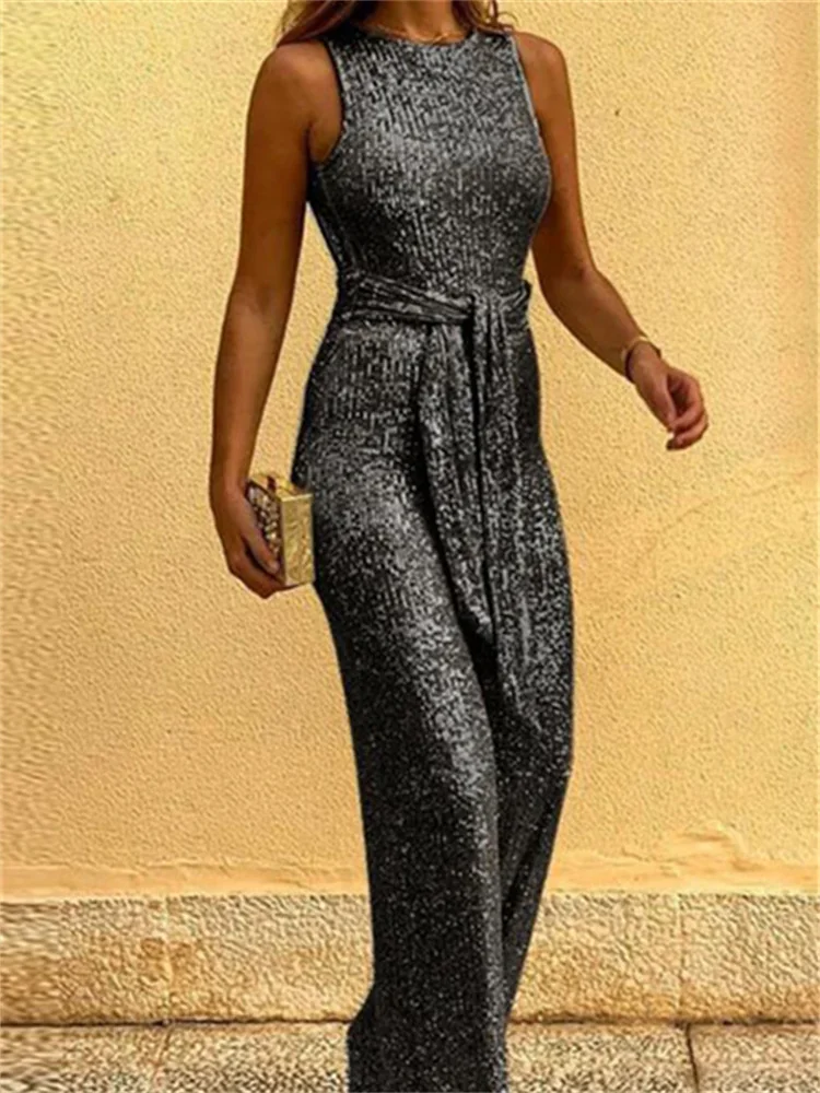 Wmstar Personalized Sequin Silver Dot Jumpsuit Office Lady Backless Party Women Fashion Round Neck Sleeveless Romper Clothing