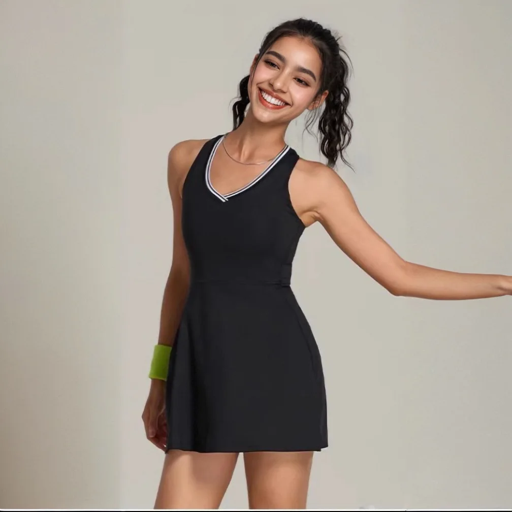 Women Fitness Sport Tennis Skirts Suit Athletic Skin One Piece Sling Golf Skirt Short Pocket Anti-glare One-piece Suit Quick Dry