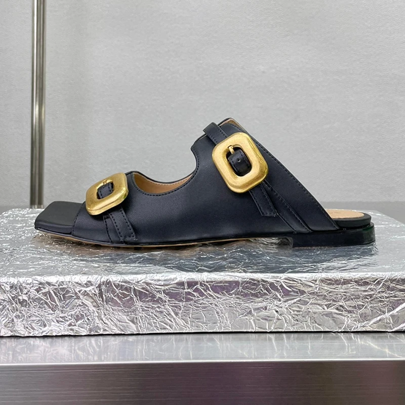 

High-Quality Ladies Slippers Summer New Metal Square Button Design Open Toe Sandals Hollow Upper Non-slip Female Slippers