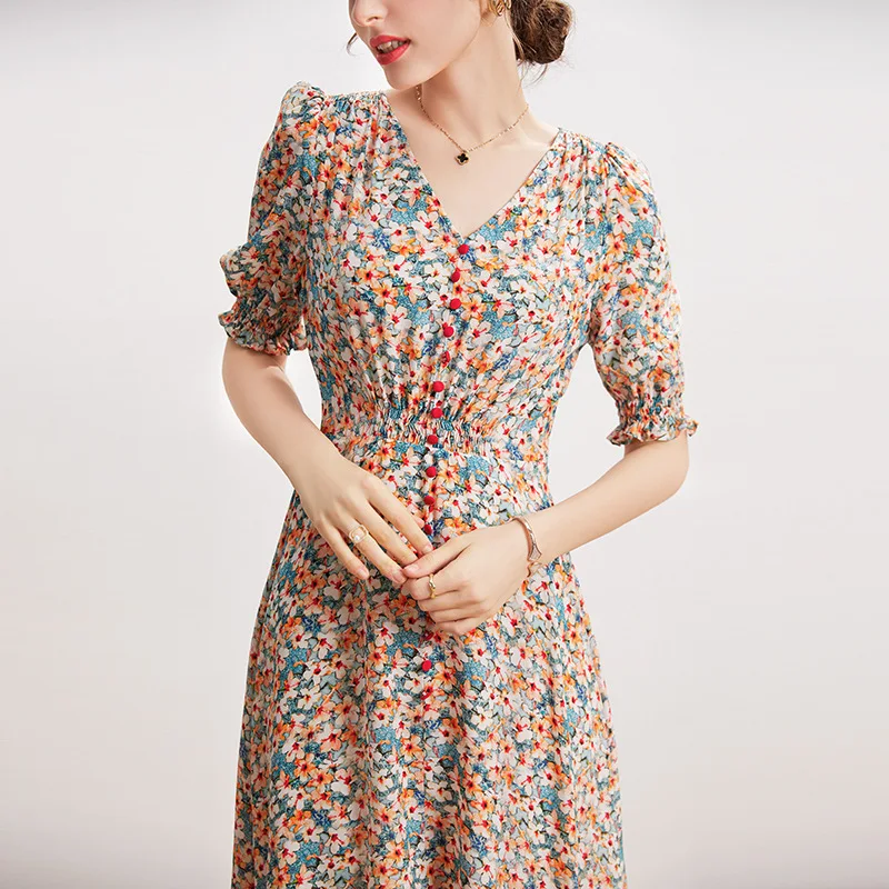 

High Quality100% Silk Dress Women Casual Style Floral Short Sleeve V Neck Single Breasted Dresses New Fashion