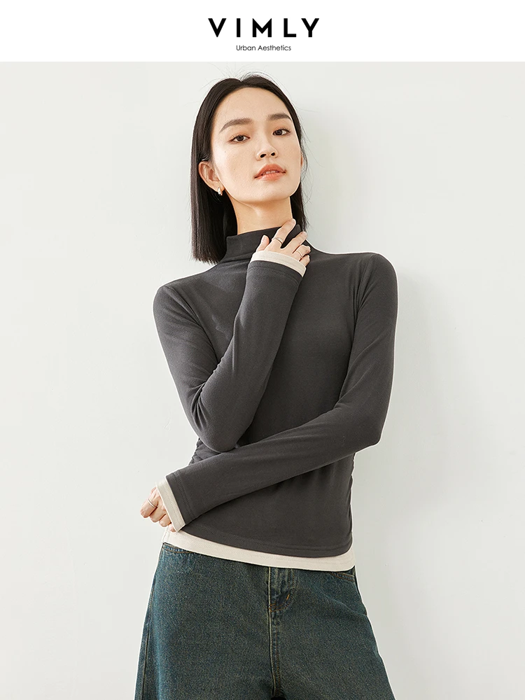 

Vimly Grey Half Turtleneck T-shirt 2023 Winter Fake 2 Piece Long Sleeve Top High Strecth Slim Side Folds Tshirts Woman M5651