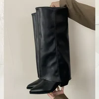 Spring Autumn Pointed Toe Knee-High Boots Women Designer Vintage Square Low Heels Shoes Modern Long Botas Para Mujer 2