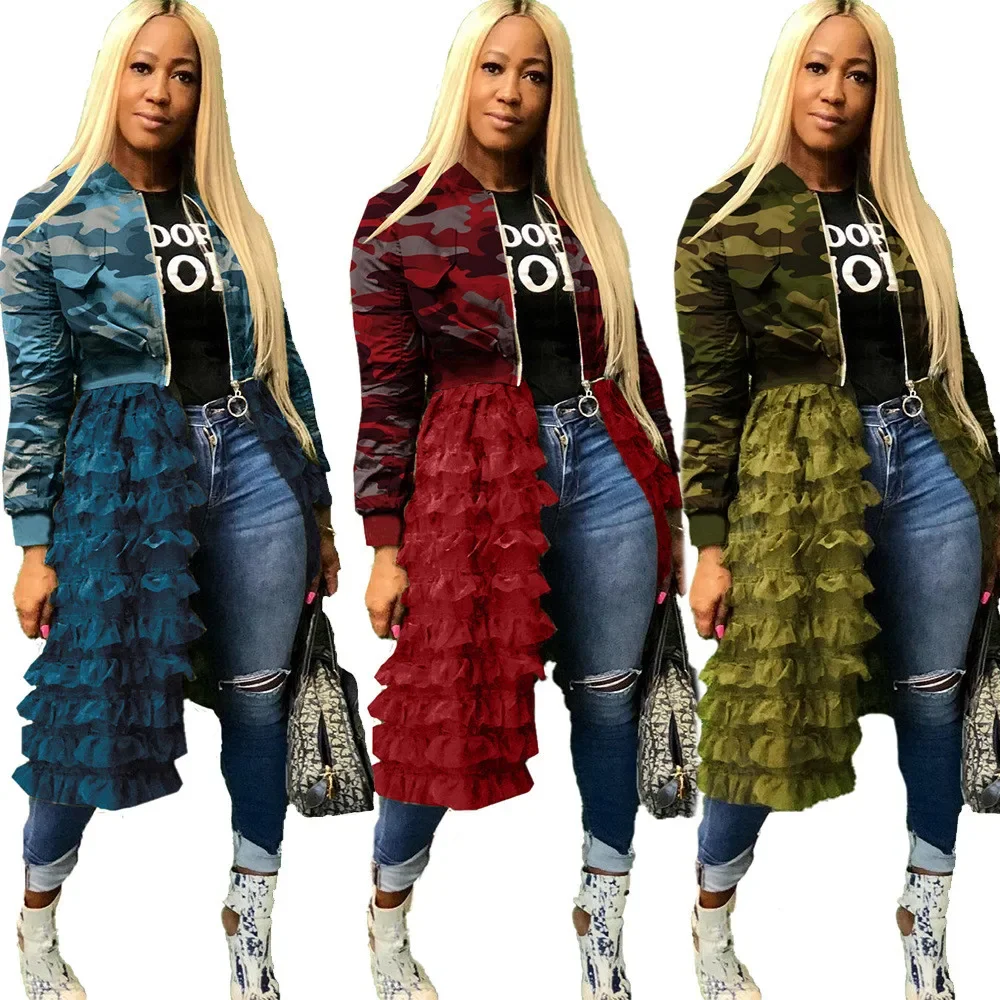 

Women Fall Winter Plus Size Harajuku Camouflage Bomber Ruffle Long Jacket Mesh Patchwork Jackets Layered Coat Outwear Chaquetas