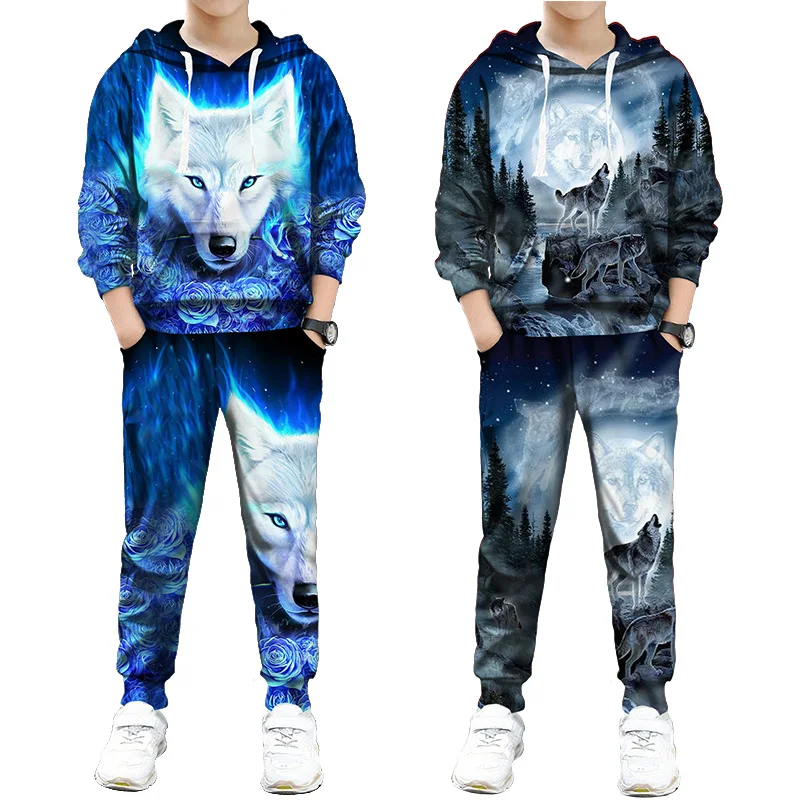 Baby Boys Clothing Sets Wolf Printed Hoodies Sweatshirt+Pants 2Pcs Tracksuits Kid's Hoodies Autumn Winter Children Clothing Suit