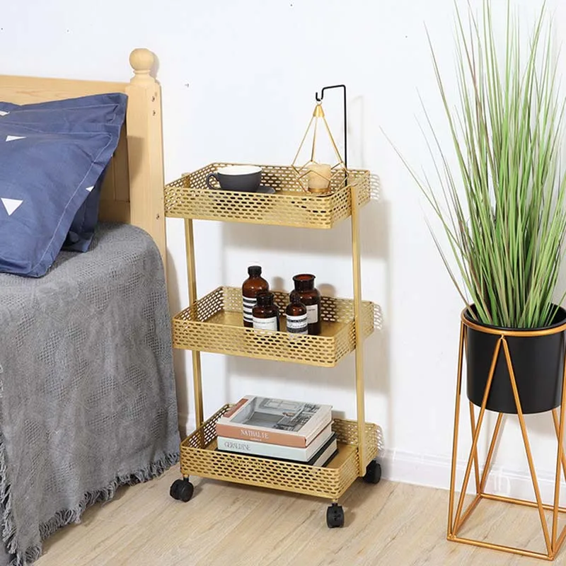 Golden Iron 3 Layers Storage Cart with Wheels Rack Storage Basket Shelf Household Kitchen Bathroom Bedroom Living Room