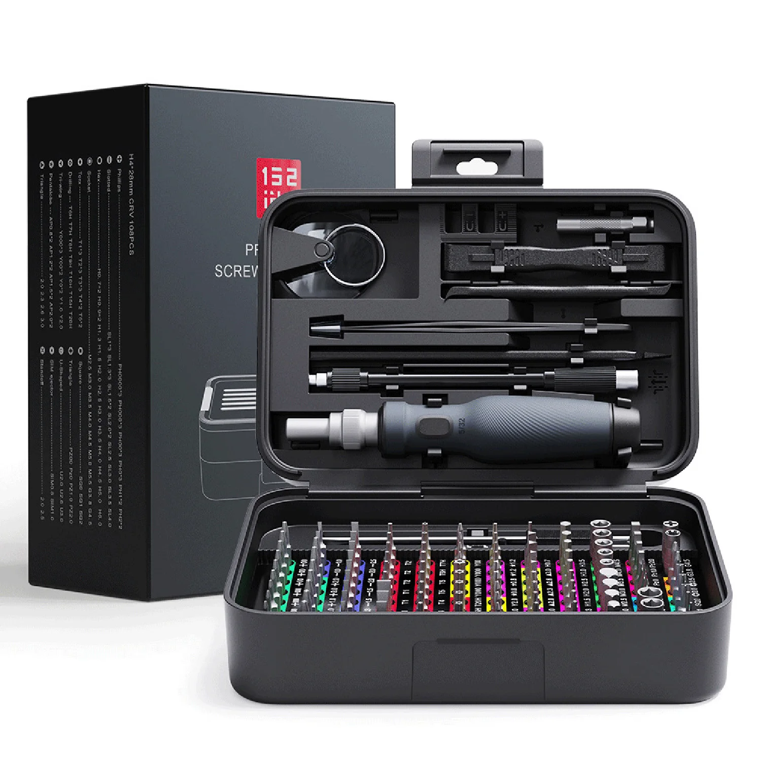 컬러 코드 식별 기능이 있는 미니 정밀 드라이버 세트, 132 in 1 마이크로 자기 수리 도구 키트(보관함 포함), 108 B