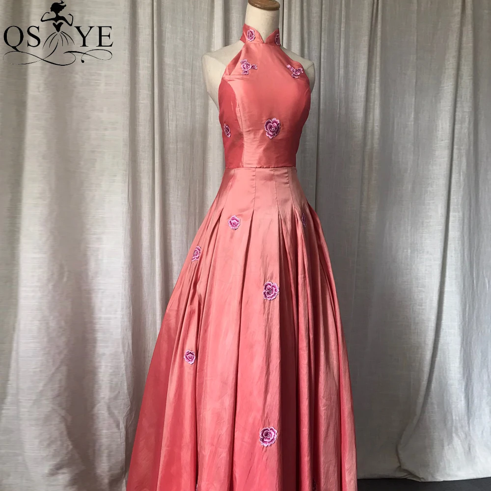 Puffy A line Pink Prom Dresses Embroidery Flower Peach Evening Gown High Neck Open Back Party Gown Box PleatVintage Taffeta Gown plus size prom dresses