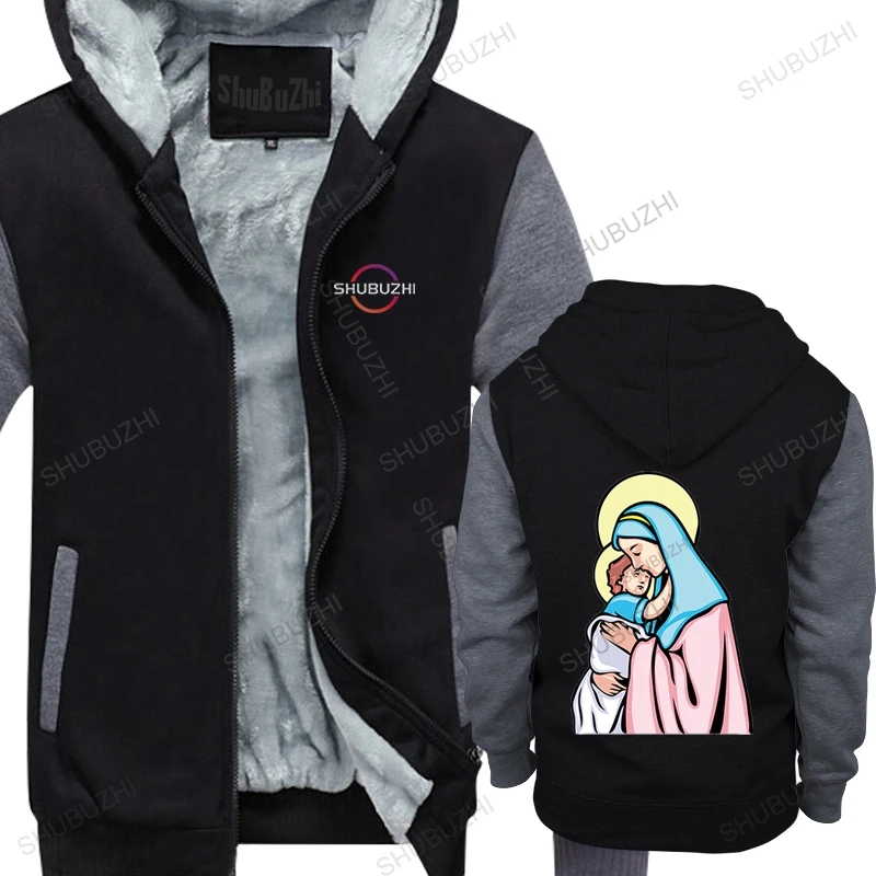

man winter warm black sweatshirt streetwear hoodie Mother Of God Jesus Retro male shubuzhi cotton hoodies thick jacket zipper