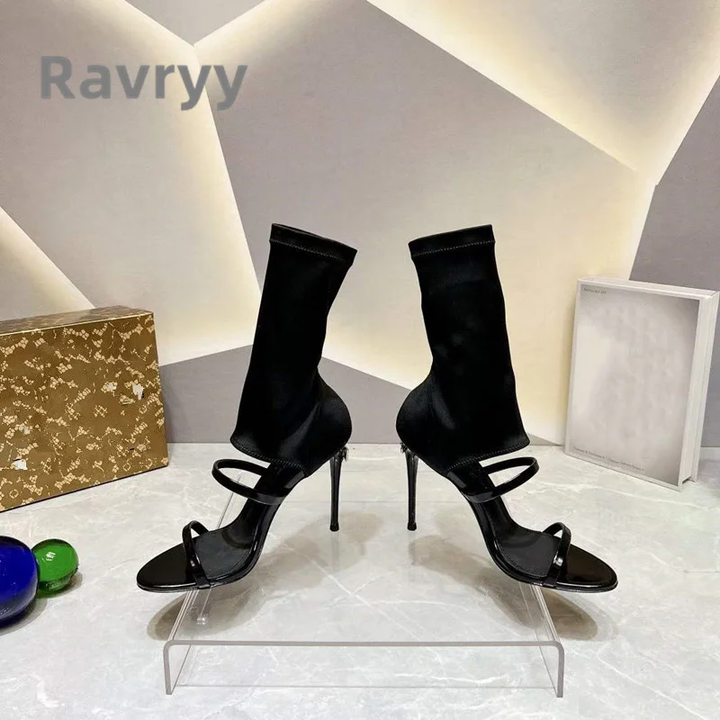

2023 Summer Hot Fashion Boots Open Strip Versatile Concise High Heel Boots Thin Heel Sewing Stretch Cloth Slip-On Women Shoes