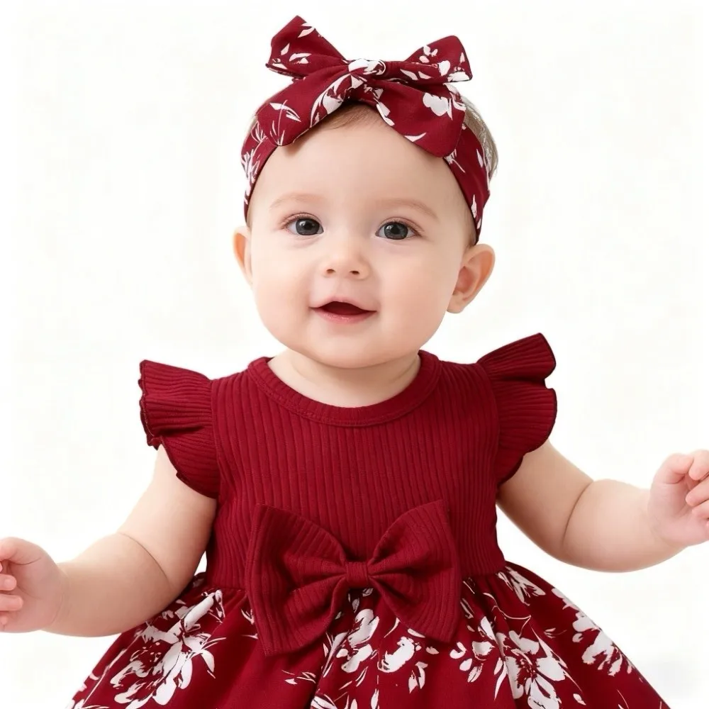 Cute Bow Baby Girl Dress Floral Cotton Newborn Clothes Set Soft with Headband Socks Infant Red Princess Dress Photoshoot Outfit