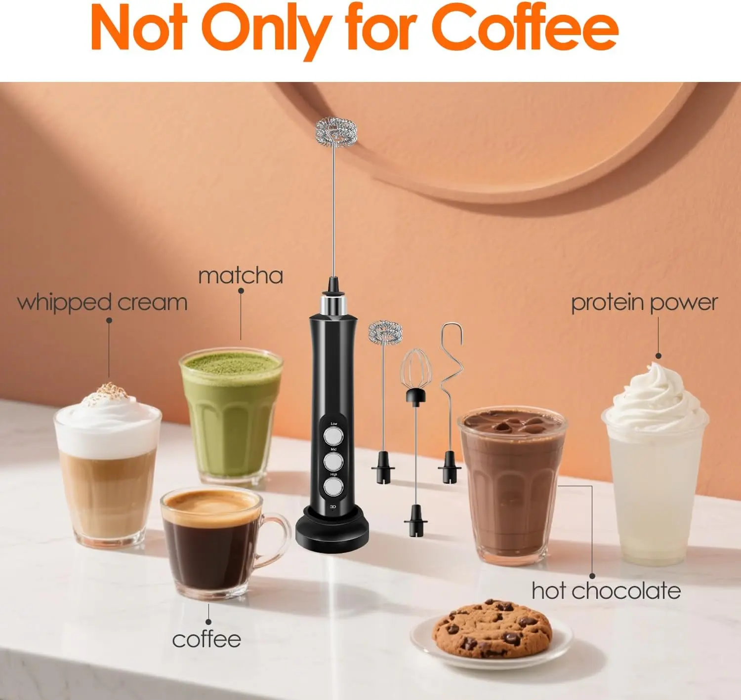 Rechargeable Milk Frother Handheld with 3 Detachable Stainless Steel Whisks, 3 Speed Adjustable Electric Whisk Foam Maker, 6