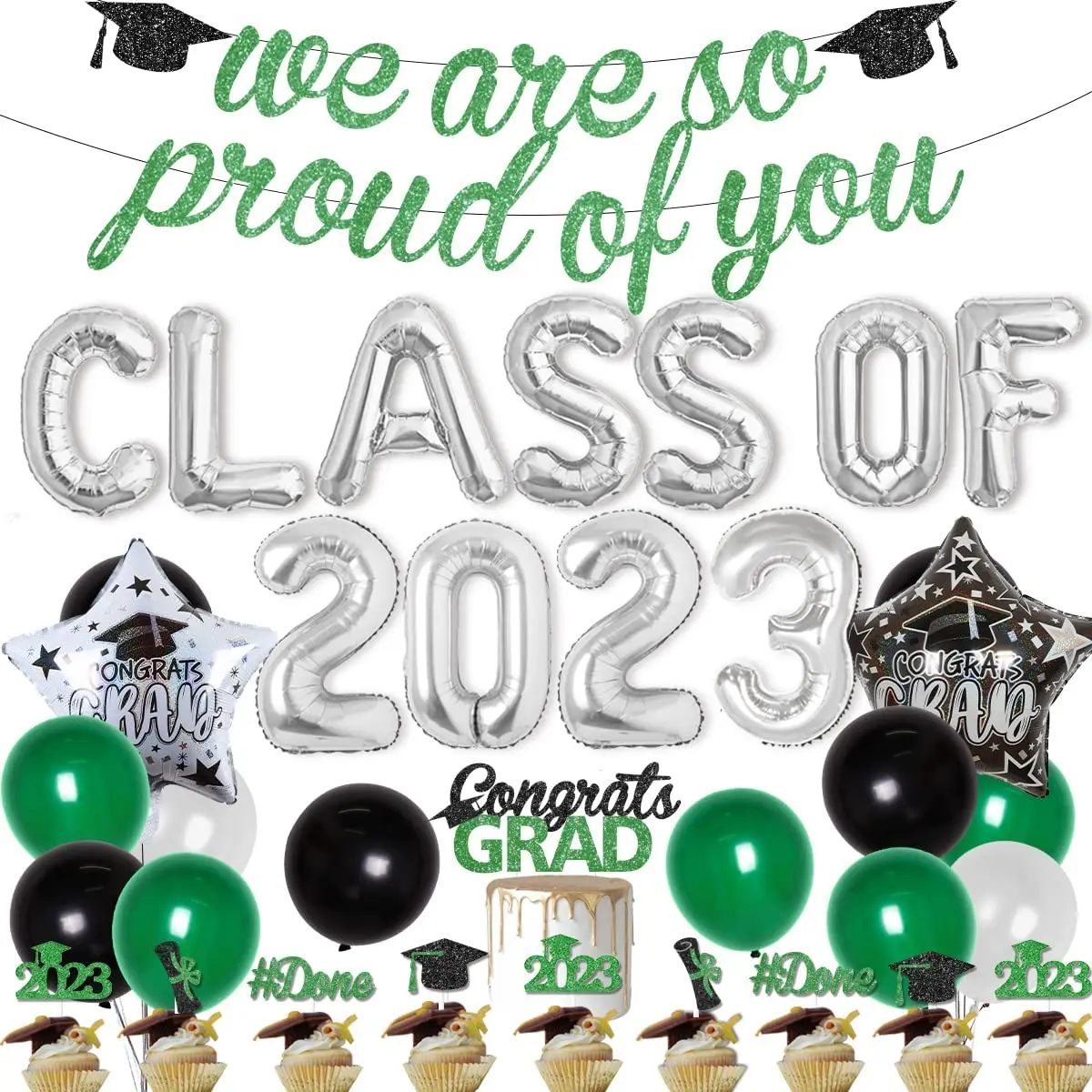 

Green and Silver Graduation Decorations, Class of 2023, Party Supplies, We Are So Proud of You Banner, Congrats Grad Balloons