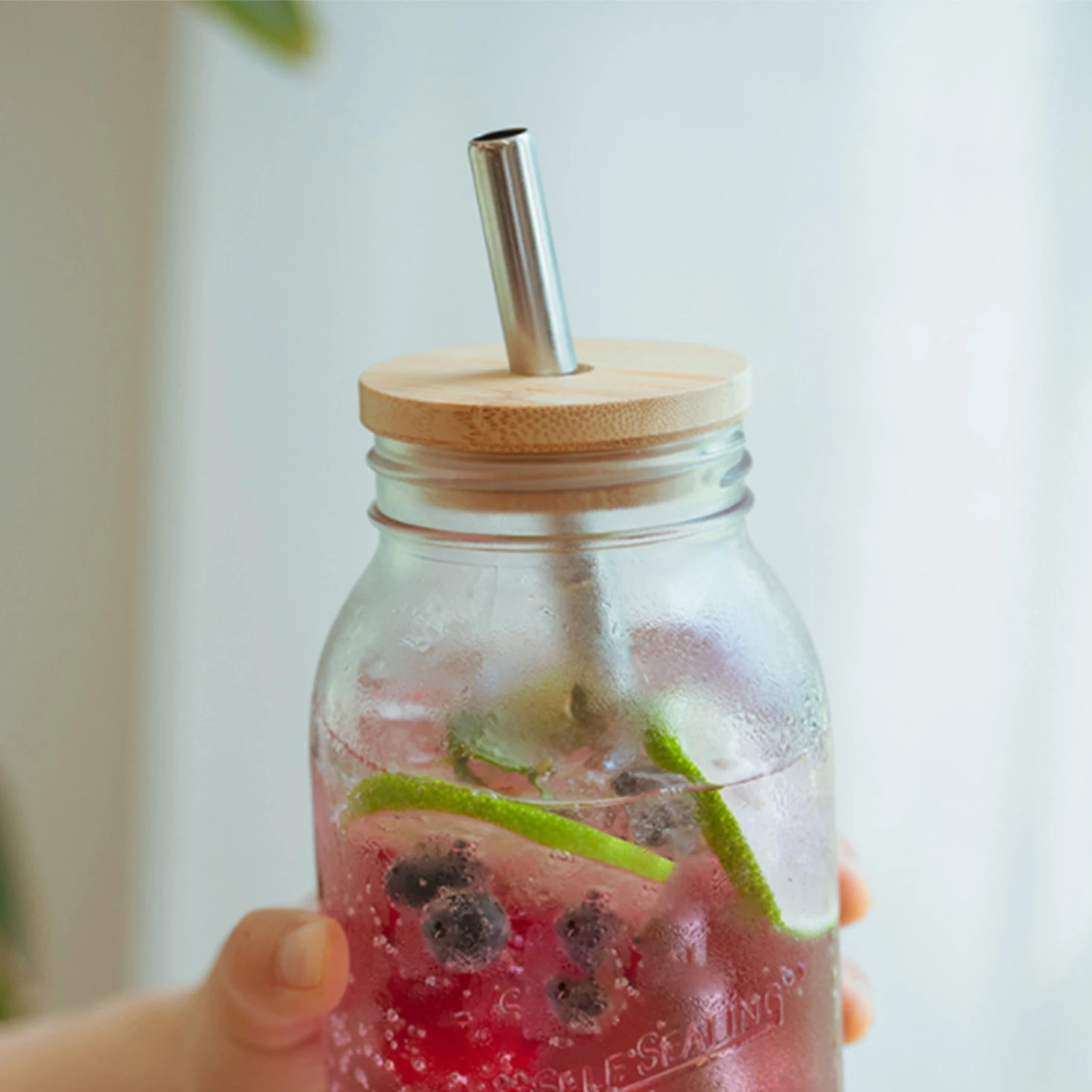 Reusable Bamboo Mason Jar & Beer Can Glass Lid with Straw Hole - 70mm