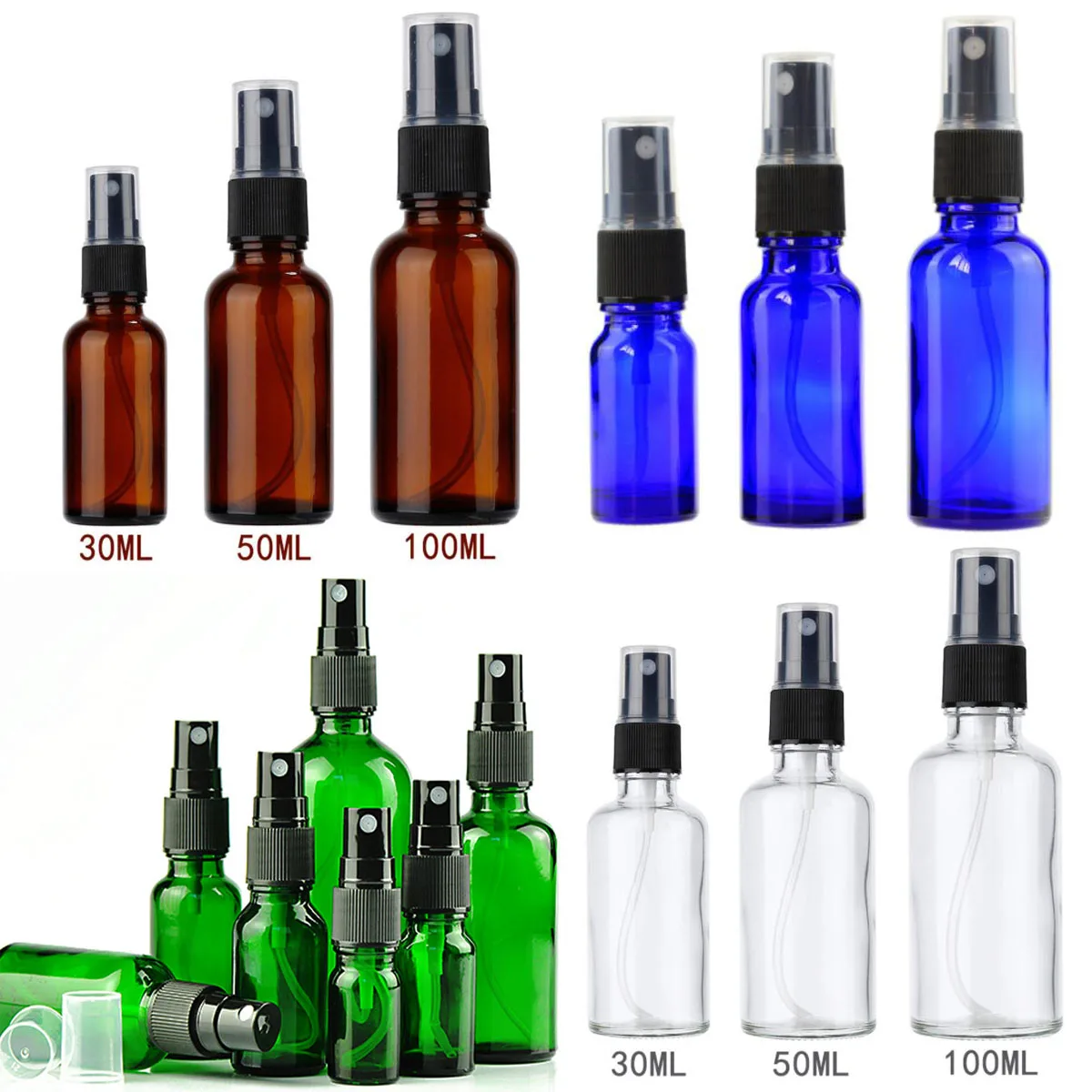 5X 10X 5/10/15/20/30/50/100ML BlueGreen Clear Amber Glass Spray Bottle Essential Oil Sprayer Portable Refillable Travel Bottl
