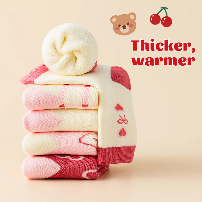 Childrens Socks 5Pairs 1-16Years Terry Socks for Girl Sweet Love Winter Children's Warm Socks Boutique Kids Clothing Soft Thickened Fabric