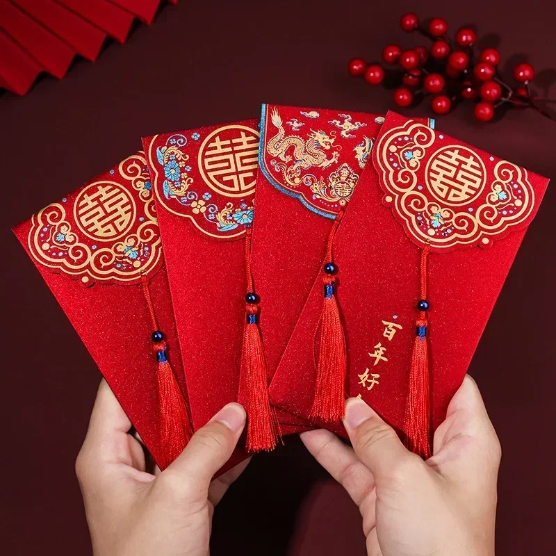 5pcs Red Wedding Mini Envelopes with Tassel Chinese Lucky Money Cash Bag Paper Envelopes Blessing Pocket Hongbao Gifts Packaging