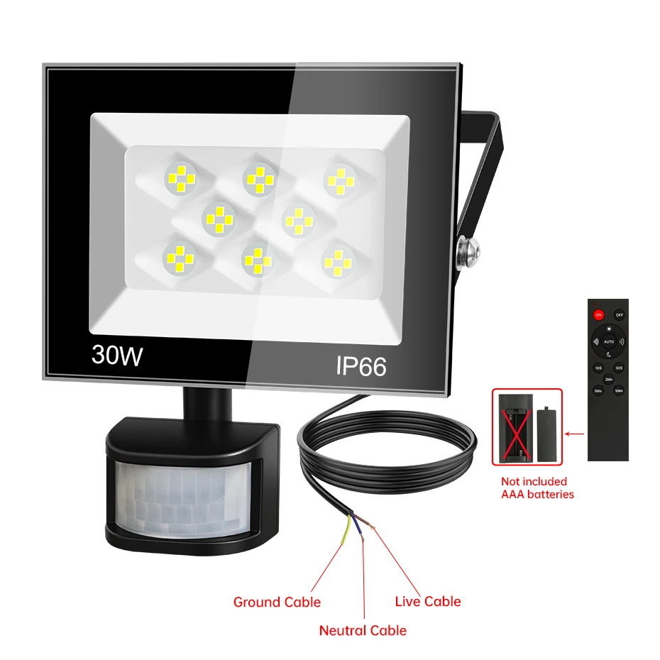 2pcs PIR 모션 센서 LED 투광 조명 100W/60W/30W AC220V 방수 IP66 야외 스포트라이트 6500K 건물 외부 조명