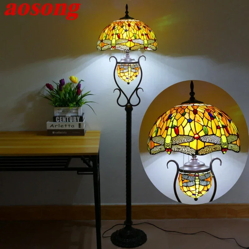 

AOSONG Tiffany Floor Lamp American Retro Living Room Bedroom Lamp Country Stained Glass Floor Lamp