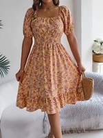 Spring and Summer Elegant Dress Floral Print Short Sleeved Square Neck Women's Ruffled Edge Dresses