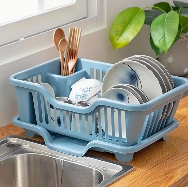 Description Picture 3 of itemPlastic Dish Drying Rack Adjustable Thicken Kitchen Plates Organizer With Drainboard Over Sink Countertop Cutlery Storage Holder