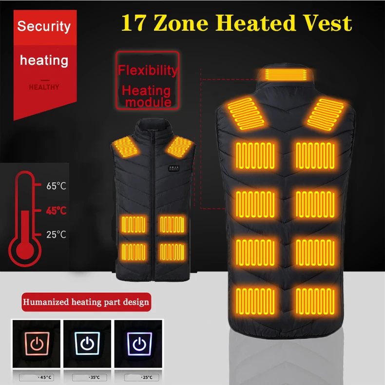 

17 Areas Heated Jacket Vest for Men Women USB Electric Heating Thermal Vest Clothing Winter Autumn Outdoor Self Heating Vest