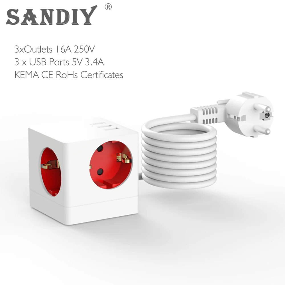 SANDIY  Ʈ ÷  ܼƮ EU 16A 220V  Ȯ   , 3 ÷ 2 USB Ʈũ  