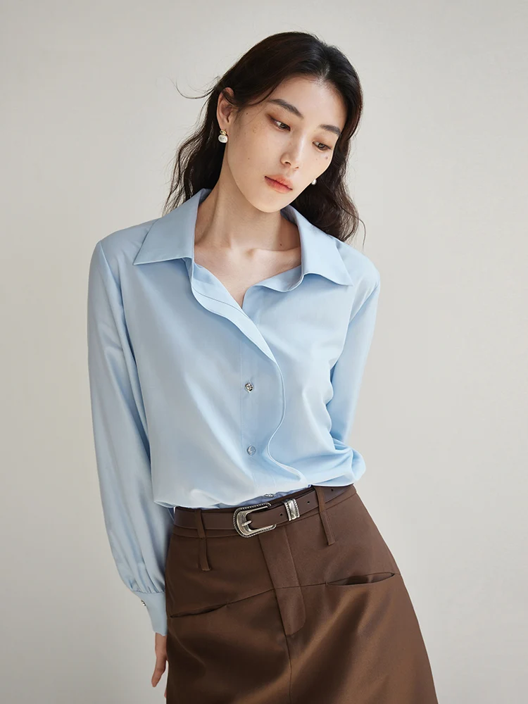 DUSHU Light Blue Spring Women Polo Neck Long Sleeve Blouses Office Lady Simple Modal Solid Shirts Oblique placket Top 24DS81059