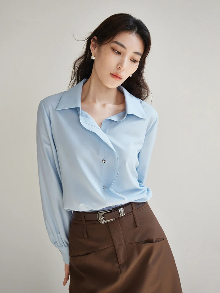 

DUSHU Light Blue Spring Women Polo Neck Long Sleeve Blouses Office Lady Simple Modal Solid Shirts Oblique placket Top 24DS81059