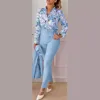 Elegant Women Printed Two Piece Suit Sets Spring Autumn V Neck Long Sleeve Shirt Top & Long Pants Set With Belt Workwear Outfits 3