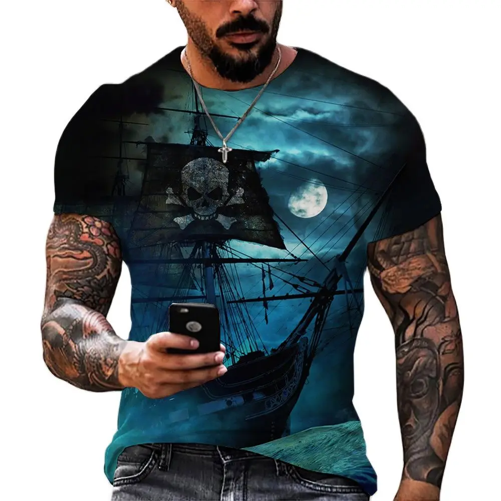 Vintage Men's T-shirts 3D Ship Print Short Sleeve Pirate Ship T Shirt For Men Clothing Oversized Tee Shirt Men Camiseta Hombre