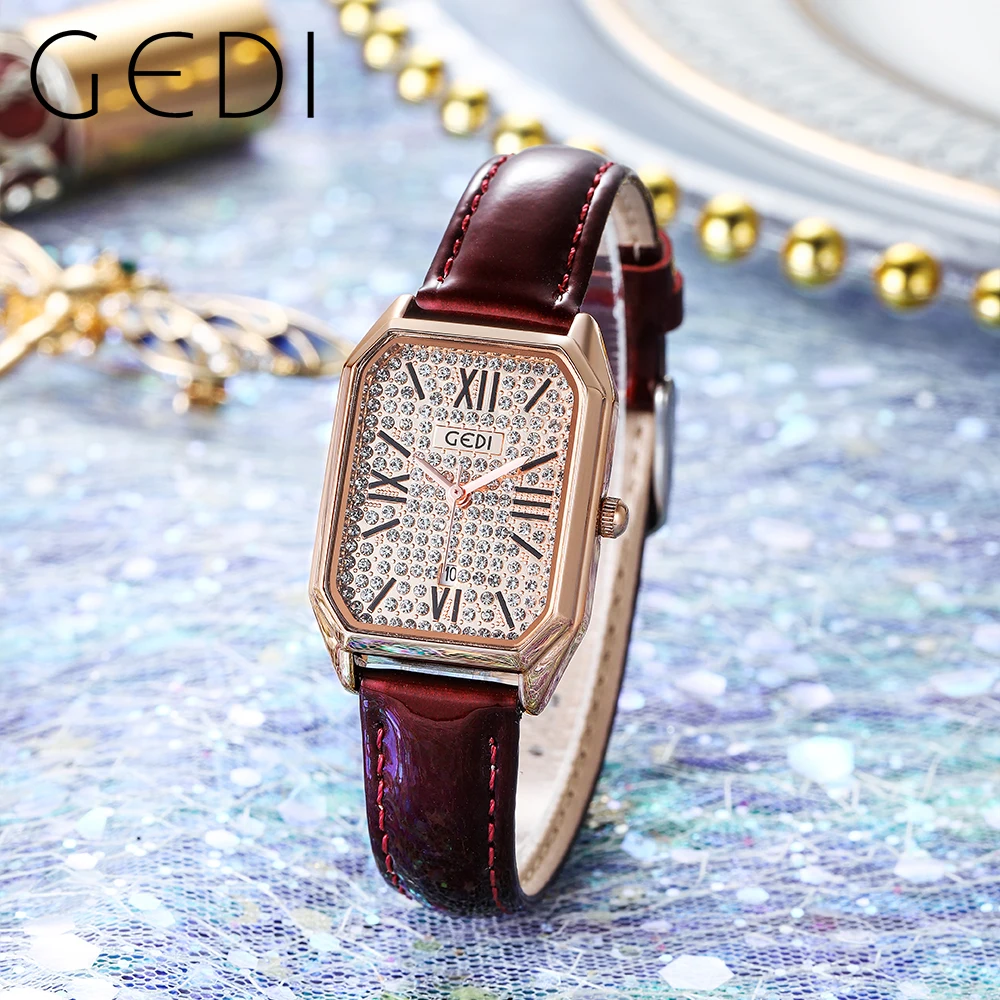 

Luxury Rectangle Women Quartz Wrist Watches Leather Strap Calendar Rhinestone Roman Dial 30M Water Resistance Watch for Women