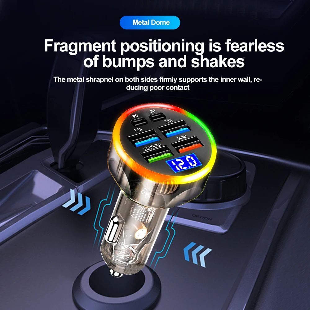 250W Car Charger Quick Charge Cigarette Lighter Adapter 2-6 Port USB-C Fast Charging for iPhone Xiaomi Samsung