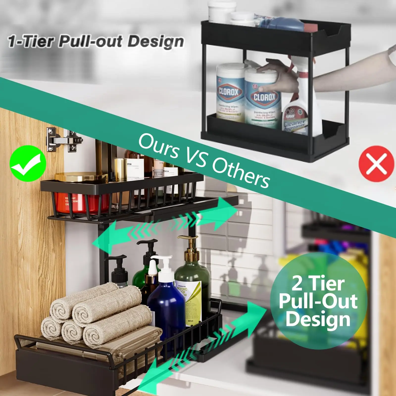 2 Tier Under Sink Organizer and Storage Basket,Slide Out Under Cabinet Organizer Shelf,Multi-Purpose Pull Out Drawer Cabinet 4