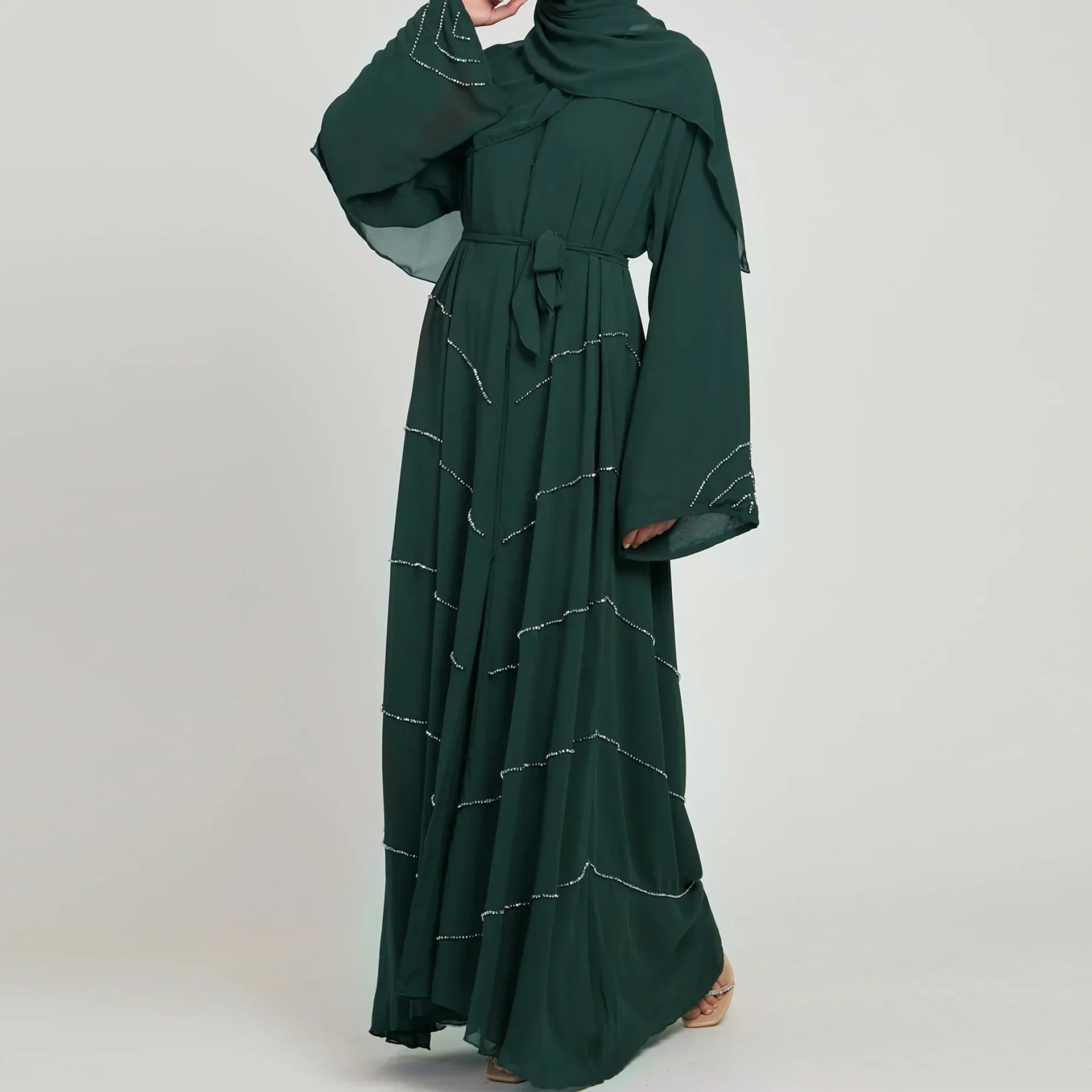 Open Abaya Dubai Turkey Elegant Beading Kimono Muslim Party Long Dress Plain Belt Abayas for Women Eid Islam Kaftan Hijab Robe