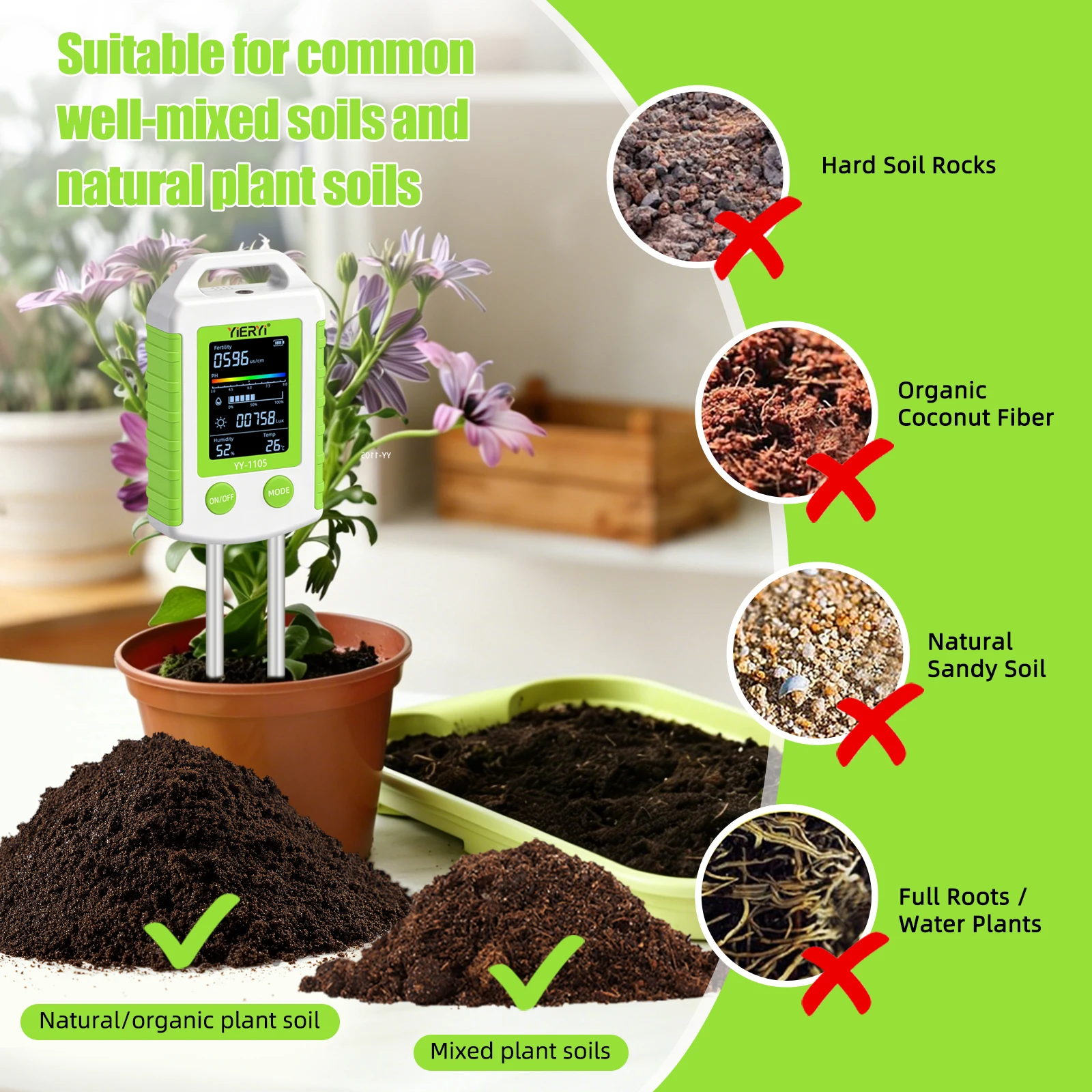 6-in-1 Soil PH Meter Fertility Temperature Humidity Light Tester 90° Rotatable L