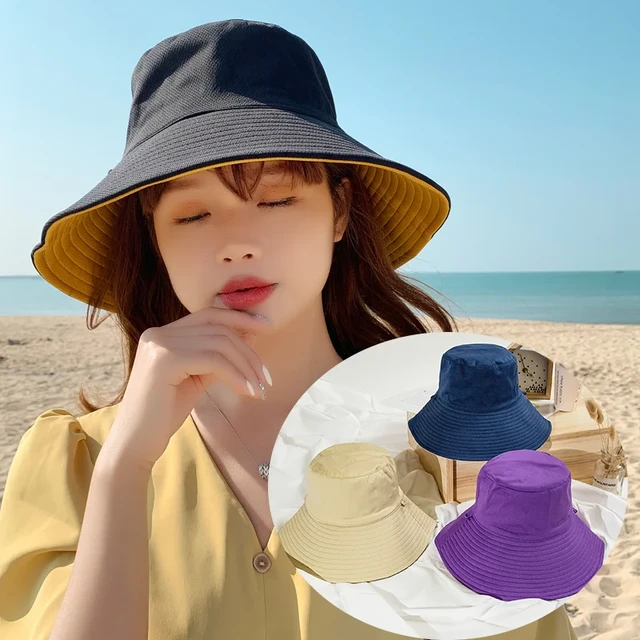 Spring Summer Women Bucket Hat Two-Side Wear Wide Brim Pananma Cap Outdoor  Sun Hats Portable