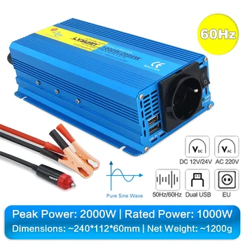1000W 1200W 2000W อินเวอร์เตอร์ DC 12 V/24 V ถึง AC 220V Pure Sine Wave รถอะแดปเตอร์แปลง 50Hz/60Hz Dual USB EU Universal RV 18