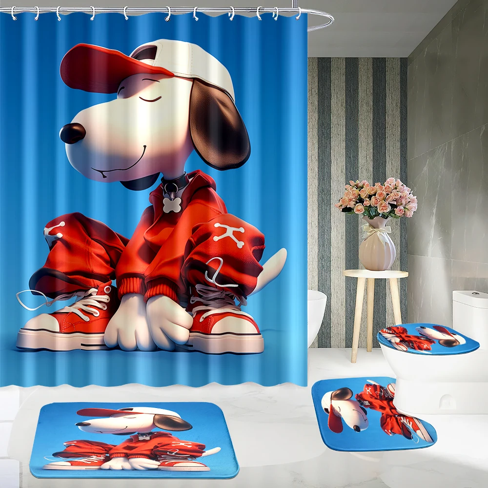 thumbnail image 5 of 1/4 piezas 70*70 pulgadas 1/4 piezas Juego de cortina de ducha impermeable con dibujos animados de Snoopy lindo con alfombras antideslizantes, tapa de inodoro, alfombrilla de baño, 12 ganchos, 5 of 5