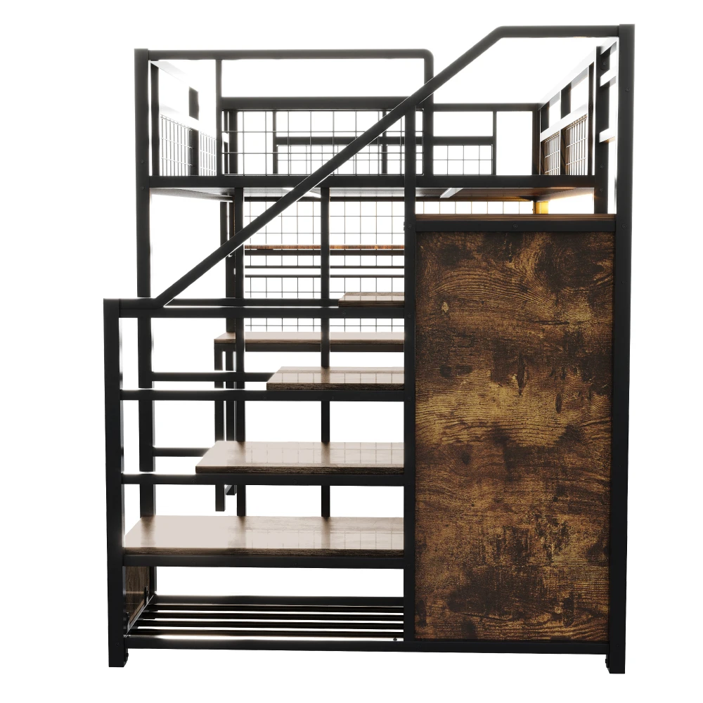 Metall-Hochbett 140×200cm, Multifunktionales Jugendbett mit Stauraumleiter & Kleiderschrank, Schreibtisch, Regal, Netzgitter, LED-Streifen & Steckdose – Detail 11