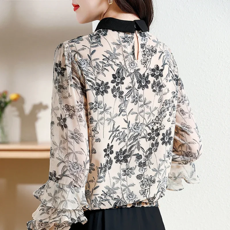 Ruffled Loose Blouses for Women Elegant Women's Tee Shirt Ladies Tops Design Sense Flower Color Foreign Fashion 2024