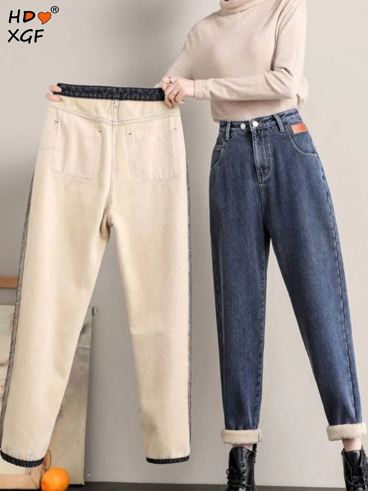 

Vintage Plus Velvet Thickening Plus Size Jeans For Women Autumn Winter Button High Waist Harlan Jeans Casual All-match Trousers